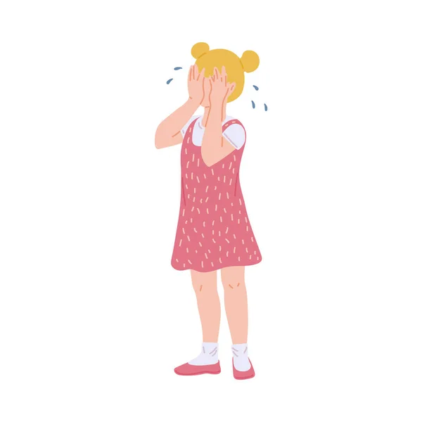 Sad blonde kid girl crying covering face with her hands a vector illustration — ストックベクタ