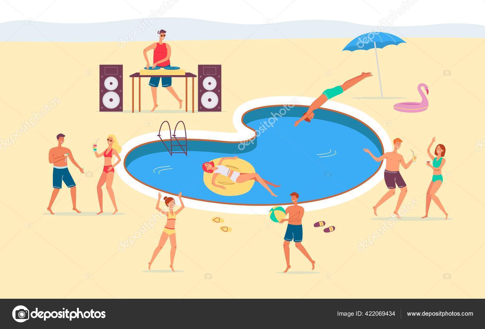 Summer fun party by the pool or beach vector flat illustration Stock Vector Image by ©Sabelskaya