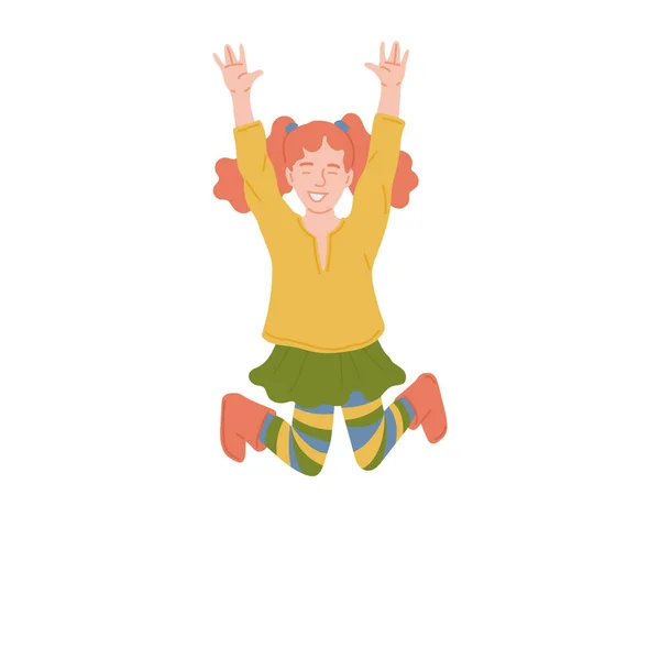 Linda niña feliz jengibre saltando de alegría, vector plano ilustración aislado. — Vector de stock