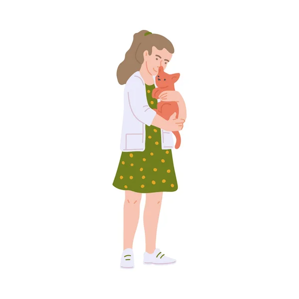 Küçük liseli kız kediye sarılıyor, düz çizgi film çizimi izole edilmiş. — Stok Vektör