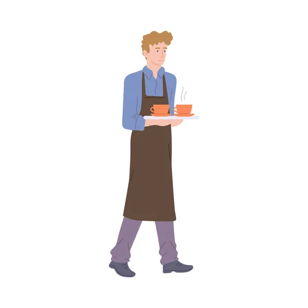 Mężczyzna kelner niesie dwa kubki gorący napój wektor odizolowany ilustracja — Wektor stockowy
