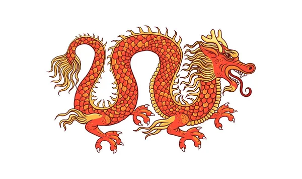 Tradicional dragón chino rojo y dorado, ilustración vectorial de dibujos animados aislado — Vector de stock
