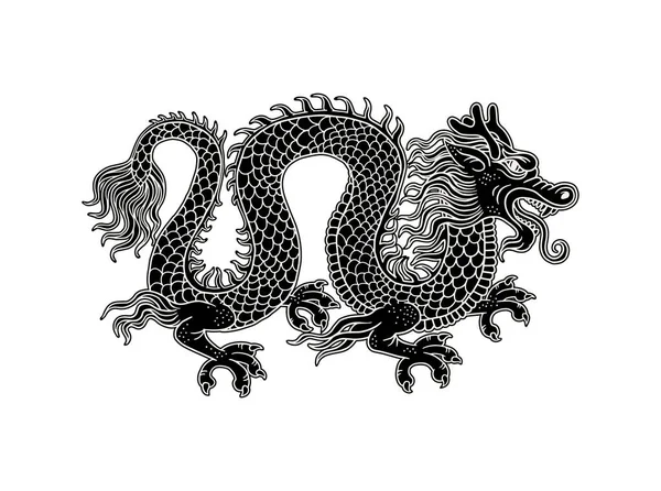 Chinese dragon engraving black image cartoon vector illustration isolated. — Stock Vector