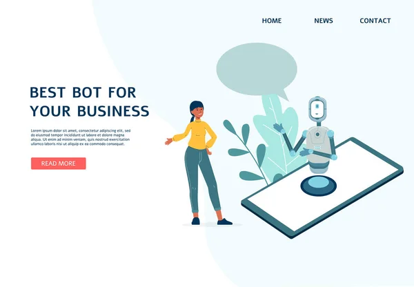 Chatbot site voor bedrijf dat virtuele hulp, platte vector illustratie. — Stockvector