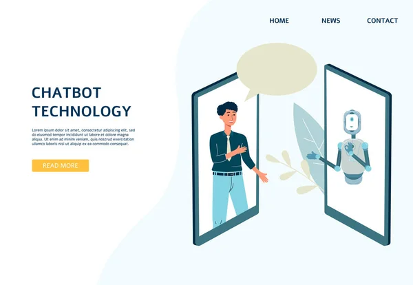 Chatbot teknolojisi web sitesi afişi ve robot android düz vektör çizimi. — Stok Vektör