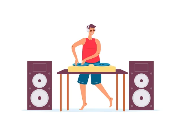 Club-DJ mischt Musik-Platten auf Plattenspieler flache Vektorabbildung isoliert. — Stockvektor