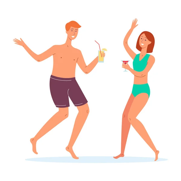 Mensen in zwemkleding dansen met cocktails vector illustratie geïsoleerd. — Stockvector