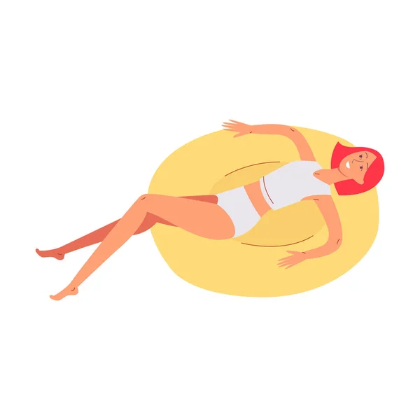 Vrouw in zwembad of strand zwemmen op reddingsboei platte vector illustratie geïsoleerd. — Stockvector