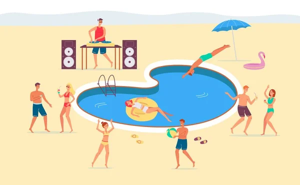 Fiesta divertida de verano junto a la piscina o playa vector ilustración plana — Vector de stock