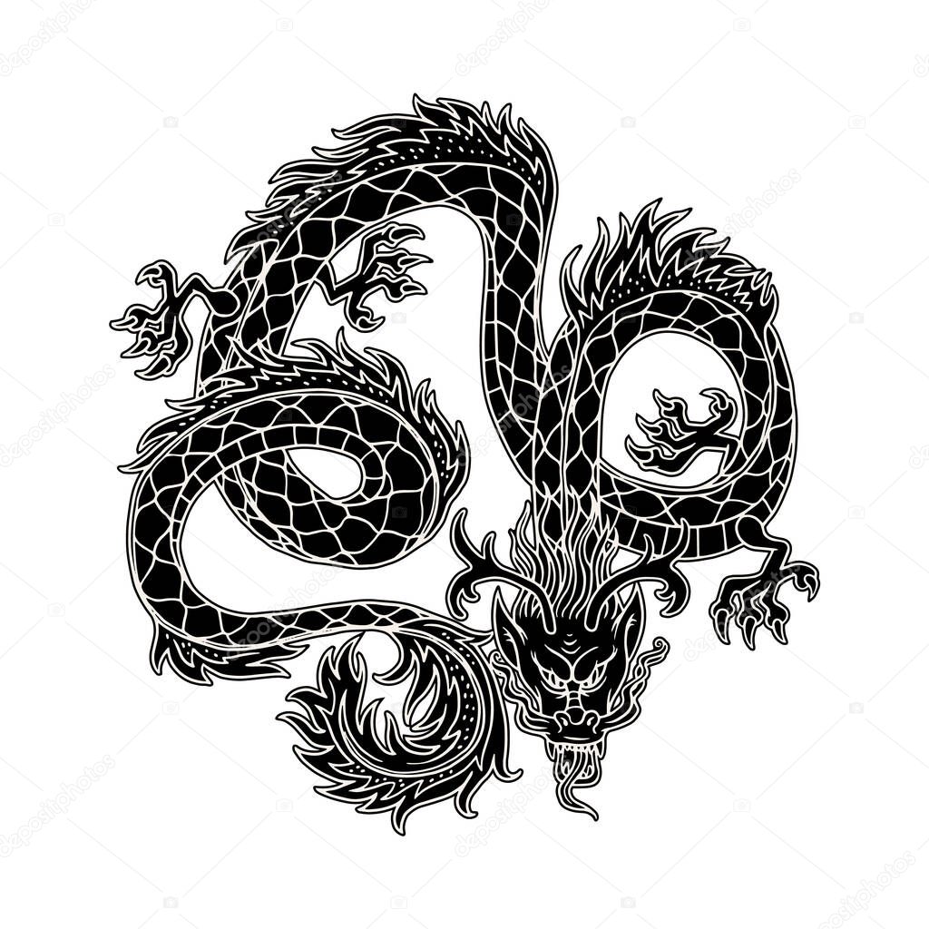 Traditional black chinese dragon picture, cartoon vector illustration isolated