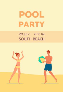 Plaj düz vektör illüstrasyonundaki insanlara yaz havuzu partisi davetiyesi.