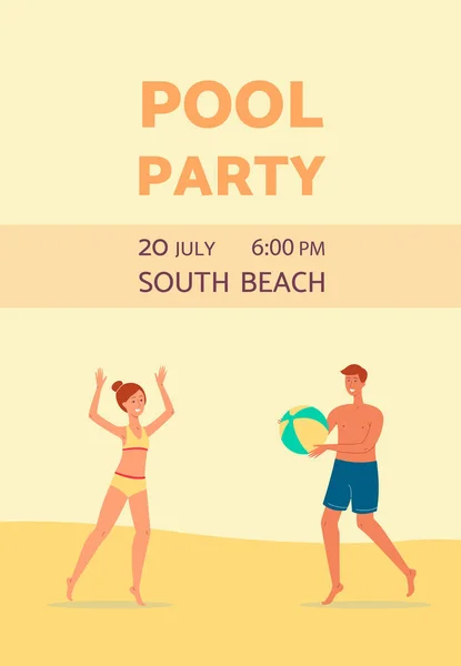 Invitación fiesta piscina de verano con la gente en la playa plana vector ilustración. — Vector de stock