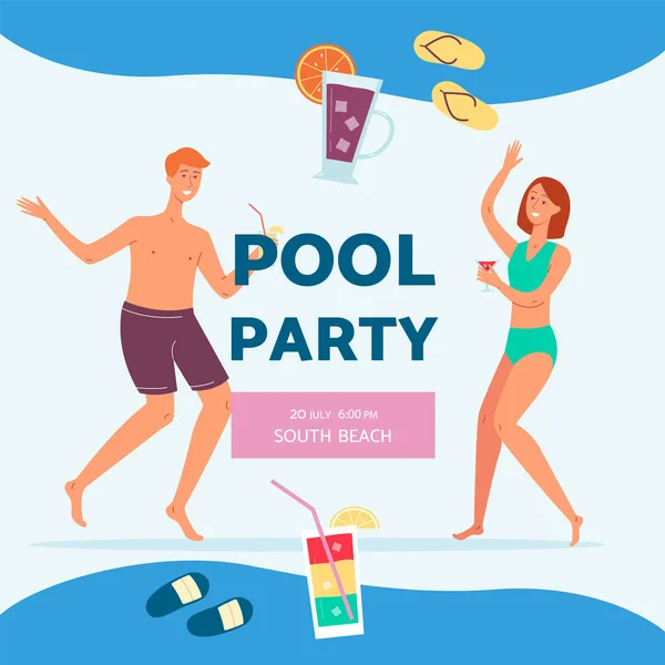 海报上登出一个夏季泳池派对的平面图 — 图库矢量图片