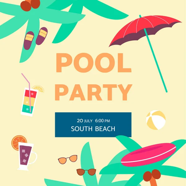 Cartel fiesta piscina de verano con accesorios de vacaciones de playa vector plano ilustración. — Vector de stock