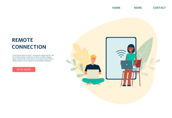 リモート接続とWi-FiまたはBluetoothネットワークフラットベクトル図. — ストックベクタ