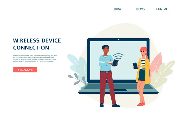Mockup del sito web di connessione del dispositivo wireless con illustrazione vettoriale piatta della gente. — Vettoriale Stock