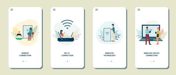 Set di banner o poster di connessione wireless remota, illustrazione vettoriale piatta. — Vettoriale Stock