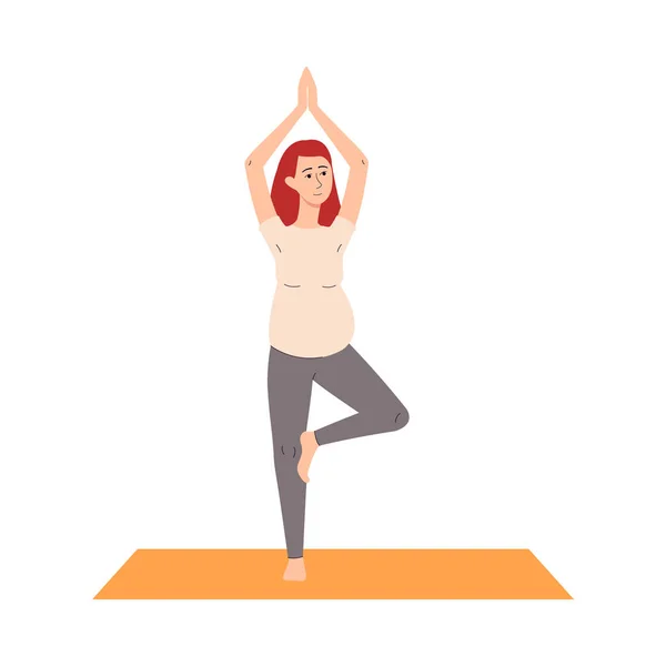 Gravid kvinna stående i balans yoga pose, platt vektor illustration isolerad. — Stock vektor