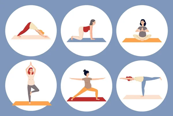 Cirkelbanderoller med gravida kvinnor som gör yoga platt vektor illustration isolerad. — Stock vektor