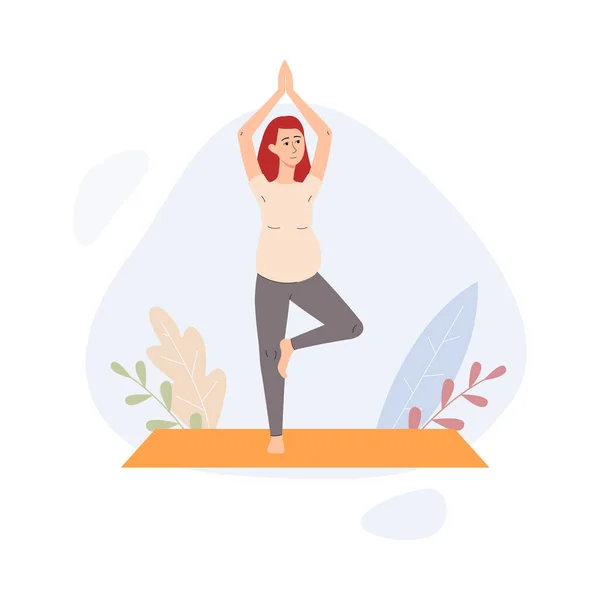 Ung gravid kvinna som gör graviditet yoga, platt tecknad vektor illustration — Stock vektor