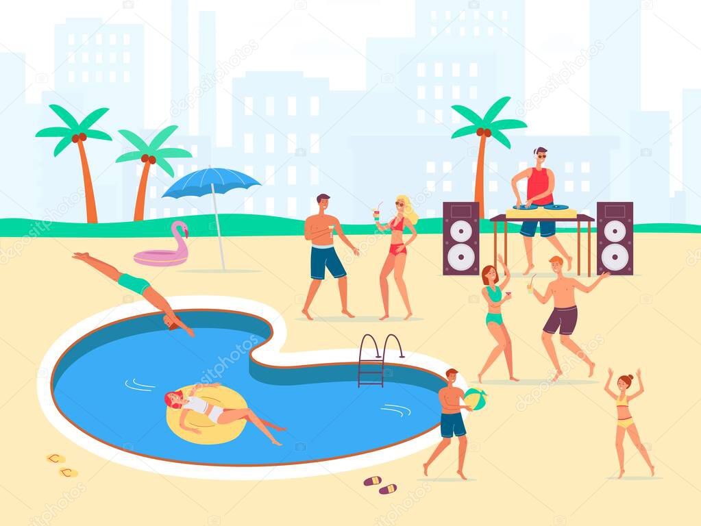 Summer pool party with people dancing to the music, flat vector illustration.