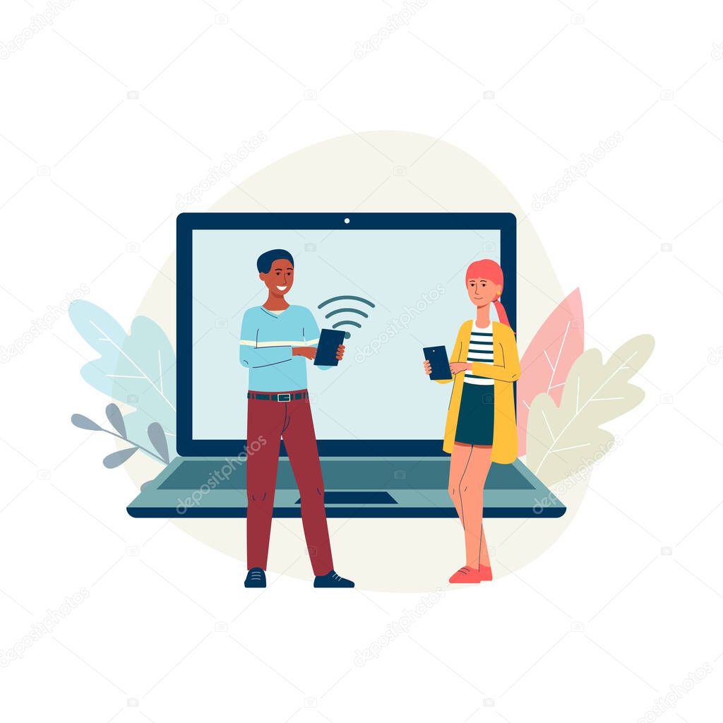 Remote connected devices with people sharing Wi-Fi vector illustration isolated.