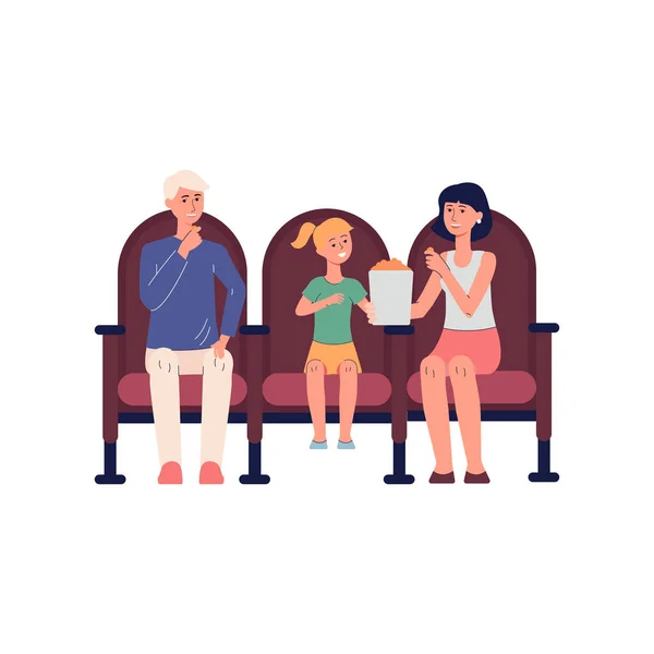 Family with child watching movie in cinema, flat vector illustration isolated. — Stock Vector