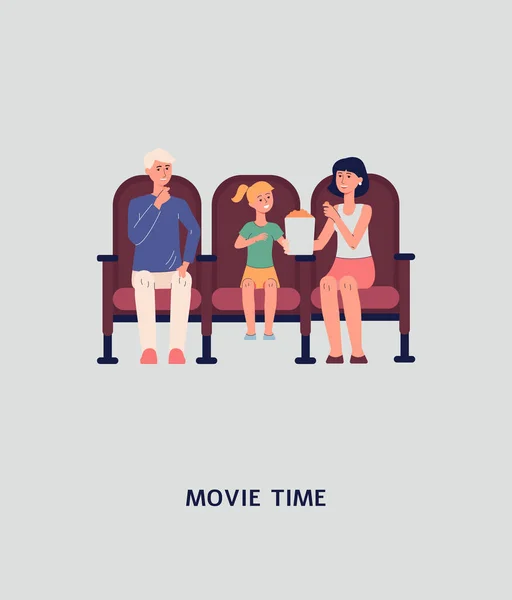 Κάρτα με την οικογένεια βλέποντας ταινία στο σινεμά επίπεδη διανυσματική απεικόνιση. — Διανυσματικό Αρχείο