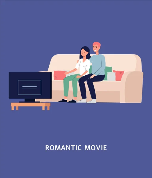 Banner con pareja viendo película romántica juntos, ilustración vectorial plana. — Archivo Imágenes Vectoriales