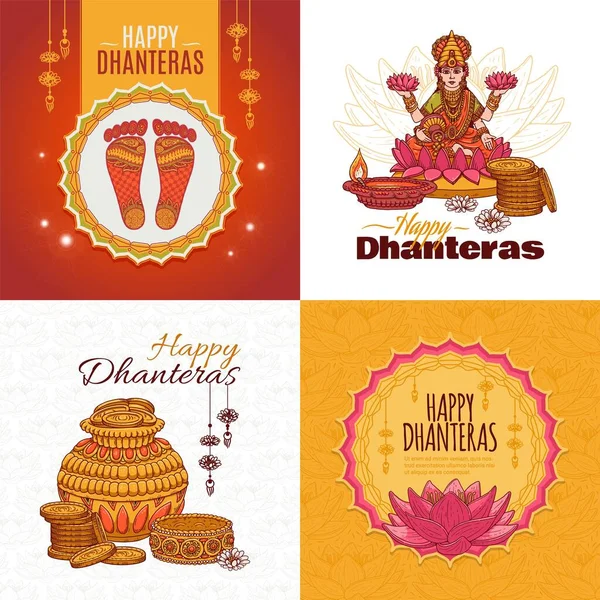 Serie di carte vettoriali con saluto di celebrazione Dhanteras Felice — Vettoriale Stock