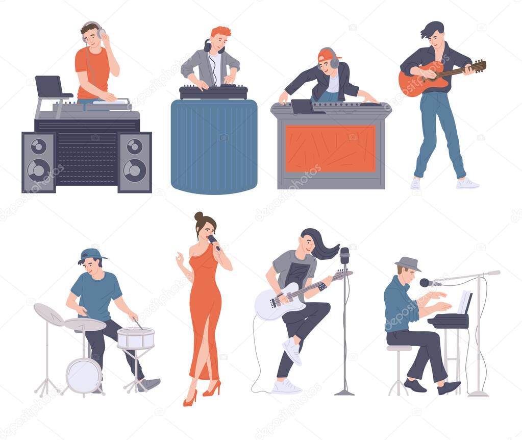 Set of vector characters of musicians, singers and DJs with musical equipment