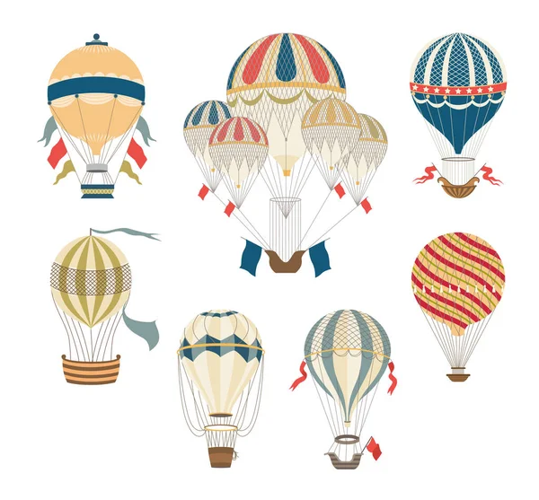 Vintage Heißluftballon Set mit königlichen Fahnen und bunten Streifen — Stockvektor