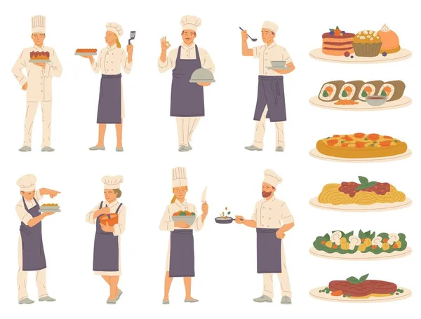 Set vettoriale di deliziosi piatti e piccoli chef professionisti che preparano il cibo — Vettoriale Stock