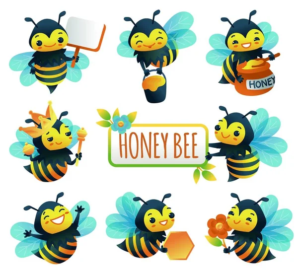 Personaggi dei cartoni animati di miele ape set di illustrazioni vettoriali piatte isolato. — Vettoriale Stock