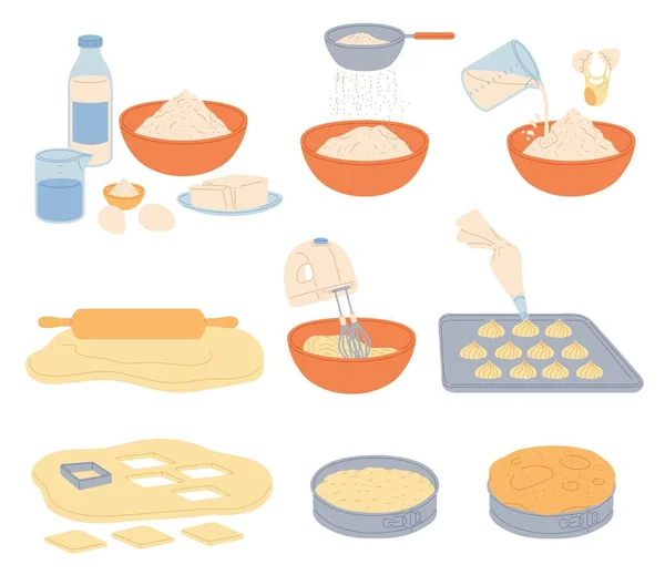 Pieczenie i krojenie ciasta i ciasta zestaw płaski wektor ilustracji izolowane. — Wektor stockowy