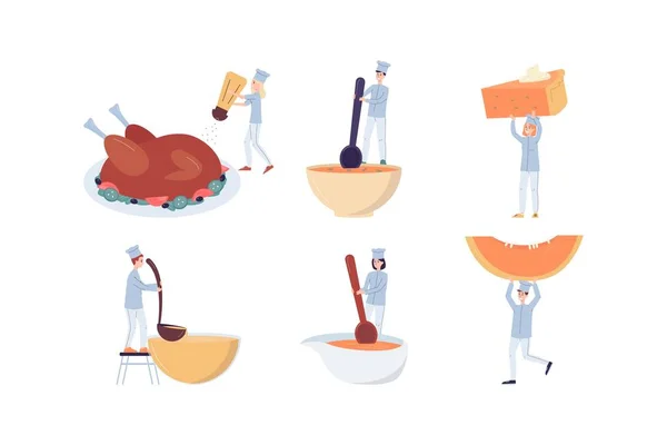 Conjunto de pequeños chefs preparando comidas de otoño ilustración vectorial plana aislada. — Archivo Imágenes Vectoriales