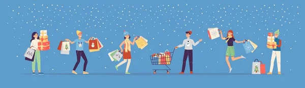 Clientes felizes homens e mulheres alegres com compras, ilustração vetorial plana. — Vetor de Stock