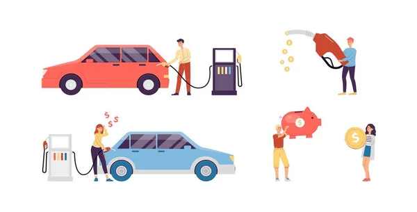 Bränsleekonomi set med människor tankning bilar, platt vektor illustration isolerad. — Stock vektor