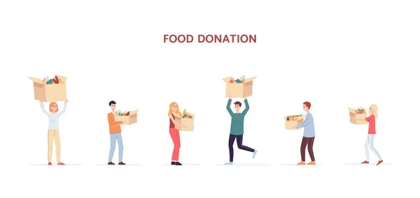 Donación de alimentos: las personas llevan cajas con ilustración de vectores planos de alimentos aislados. — Archivo Imágenes Vectoriales