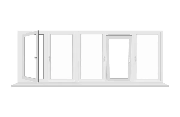 Lange weiße Fensterrahmen mit klarem Glas isoliert auf weißem Hintergrund. — Stockvektor