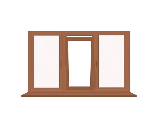 Ilustración realista vectorial de ventana de vidrio con marco de plástico o madera marrón — Archivo Imágenes Vectoriales