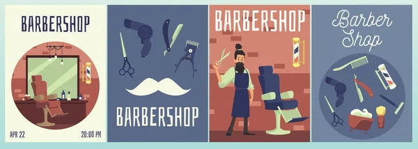Cartazes vetoriais com interior de barbearia ou salão de beleza e barbeiro com ferramentas — Vetor de Stock