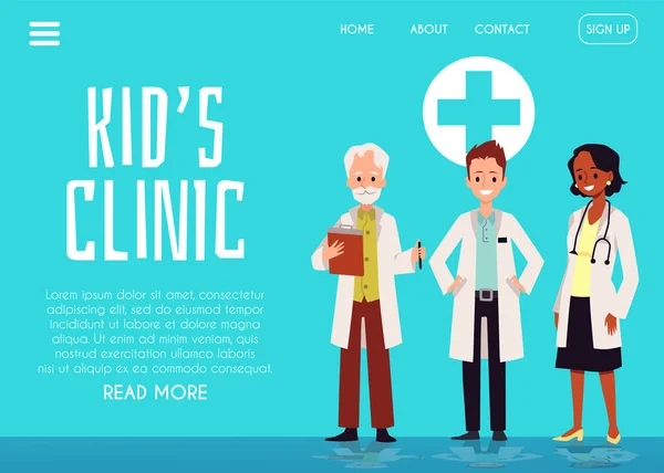 Kids clinic website page mockup with pediatricians flat vector illustration. — Stock Vector