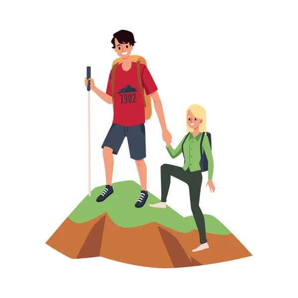 Vektor illustration av kille och flicka i joint hike för bindning relation — Stock vektor