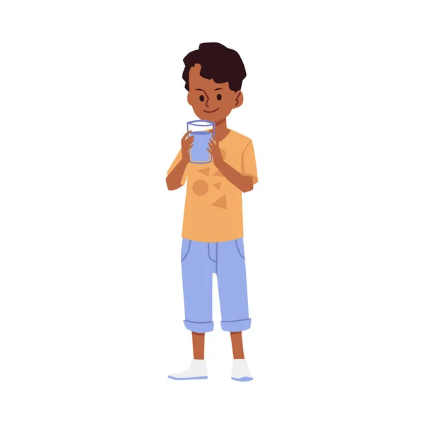 Menino garoto sacia sede com água potável de garrafa uma ilustração vetorial — Vetor de Stock