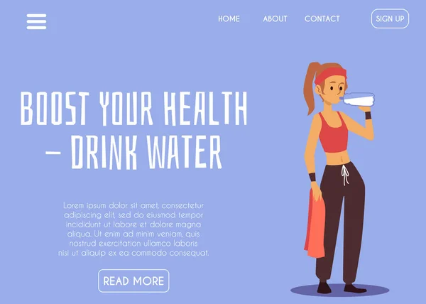 Website banner template met vrouw drinkwater, platte vector illustratie. — Stockvector