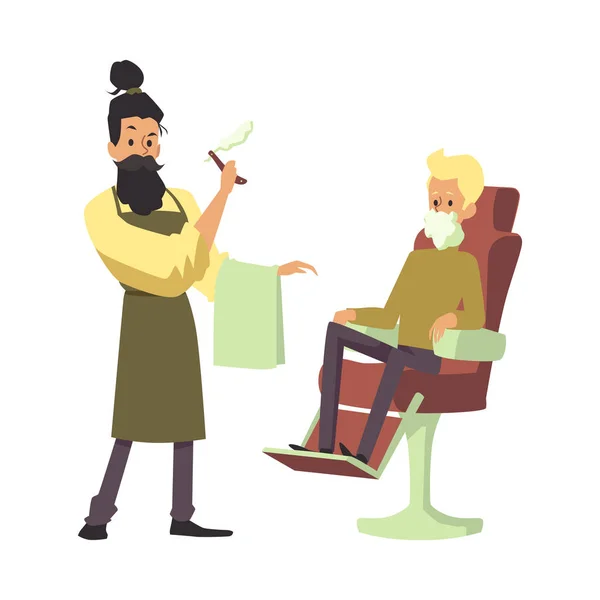 Barbeiro barbeando seu cliente com lâmina de barbear, ilustração vetorial plana isolada. — Vetor de Stock