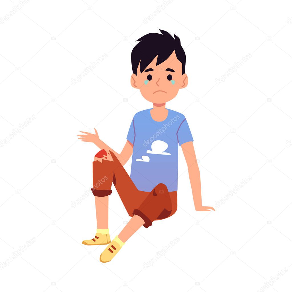 Child with wounded knee sitting on the floor, flat vector illustration isolated.