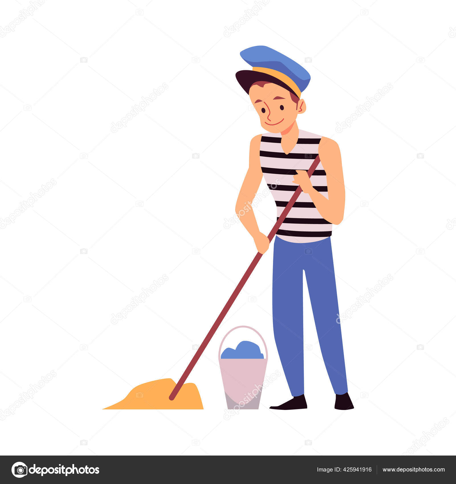 バケツからモップと水とセーラームウォッシングデッキベクトル絶縁イラスト — ストックベクター ©Sabelskaya 425941916