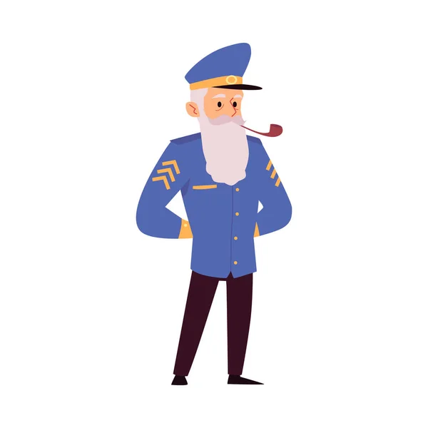 Velho capitão barbudo em uniforme fuma um tubo, ilustração vetorial plana isolado. —  Vetores de Stock